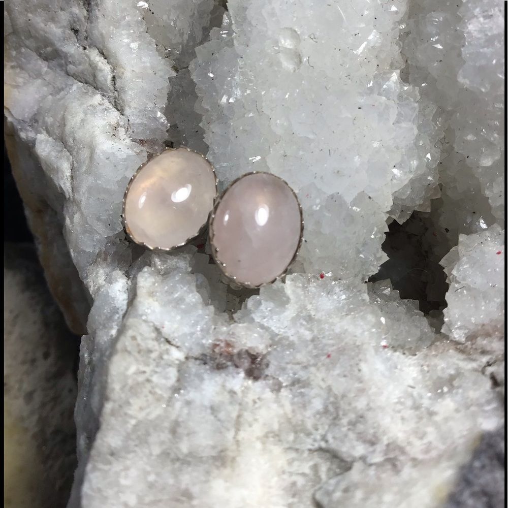 Earrings, NEW Pink Quartz Oval Earring Studs w Sterling Silver, Handmade, Artisa